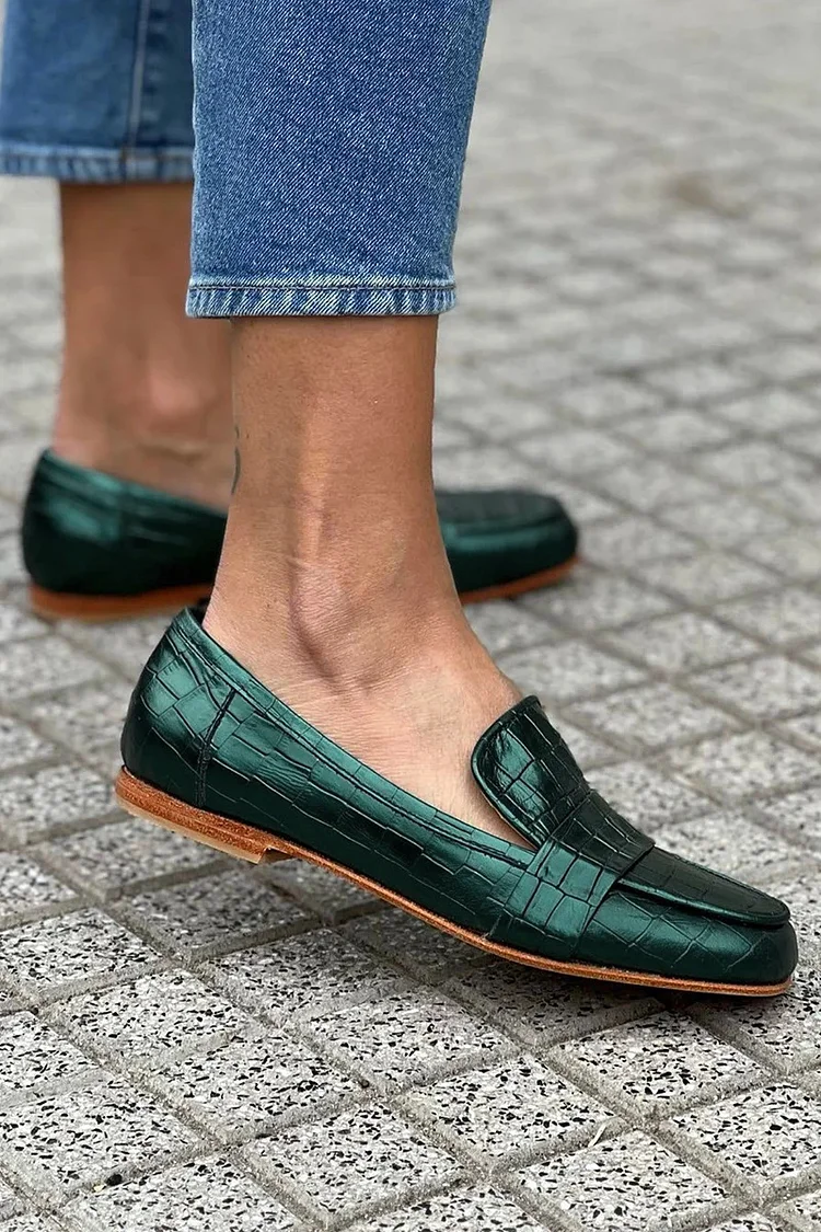 Metallic Sheen Plaid Square Toe Slip On Green Loafers