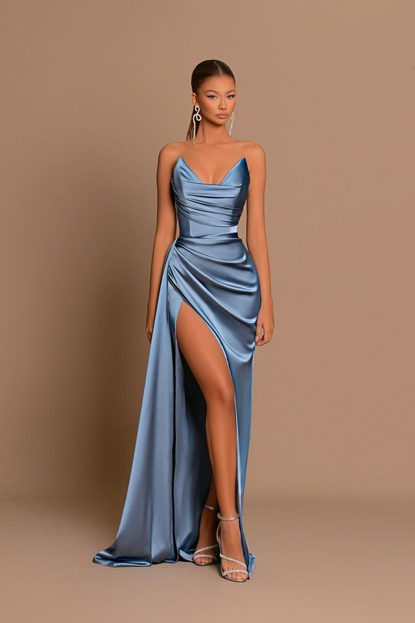 Luluslly Sweetheart Dusty Blue Evening Dress Mermaid Long Slit With Pleats