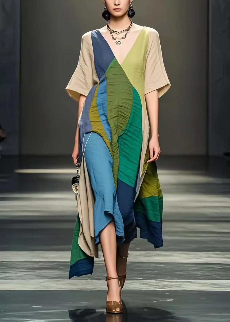 Plus Size Colorblock Asymmetrical Design Wrinkled Cotton Dresses Summer
