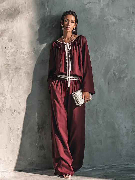 Women's Elegant Burgundy Cotton Blend Lace Trim Drawstring Wide-Leg Pants Set MD