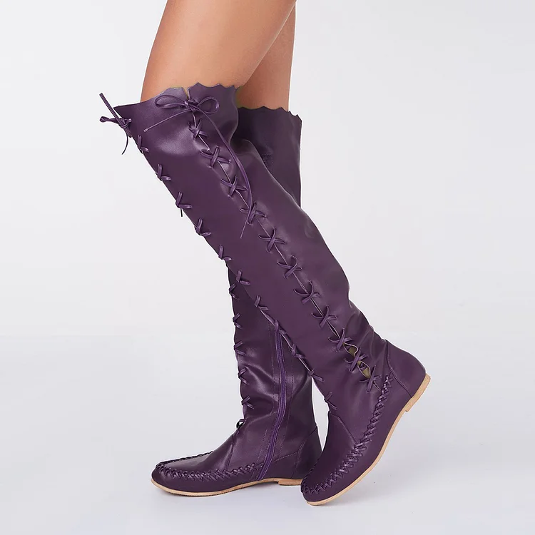 Purple Knee Boots Round Toe Flat Comfortable Strappy Boots for Women |FSJ Shoes