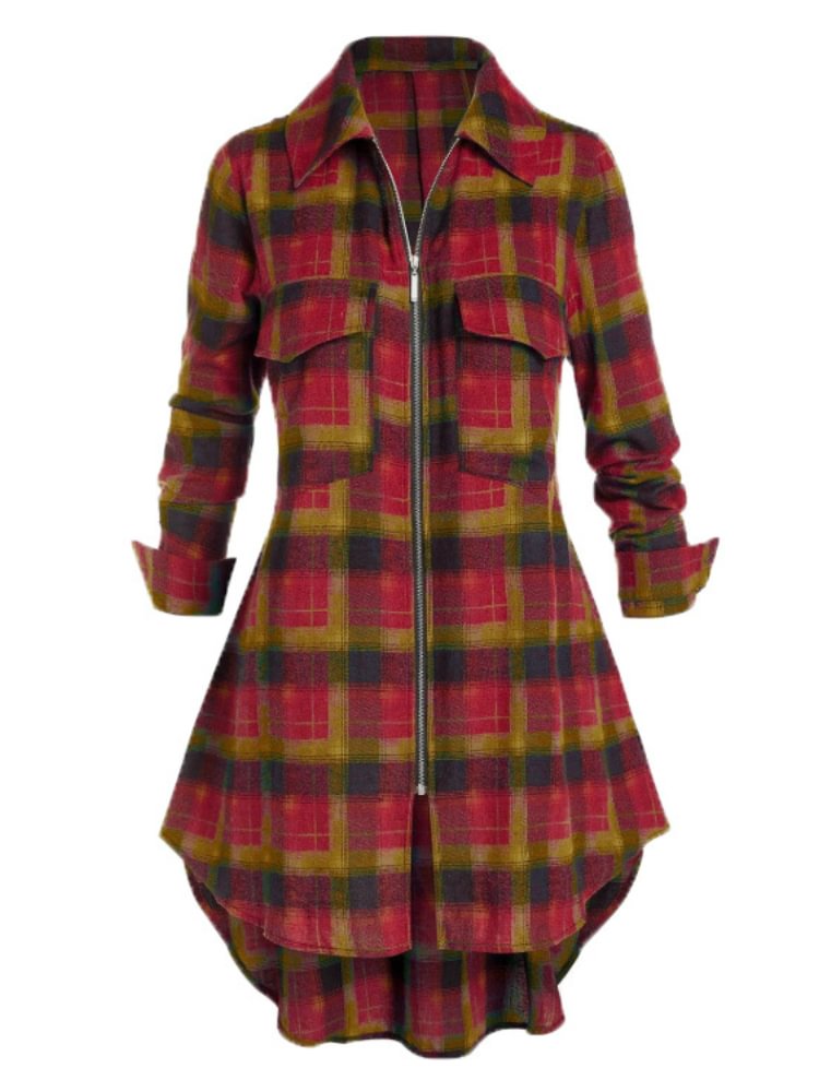 Vintage Check Pocket Zip Irregular Hem Shirt