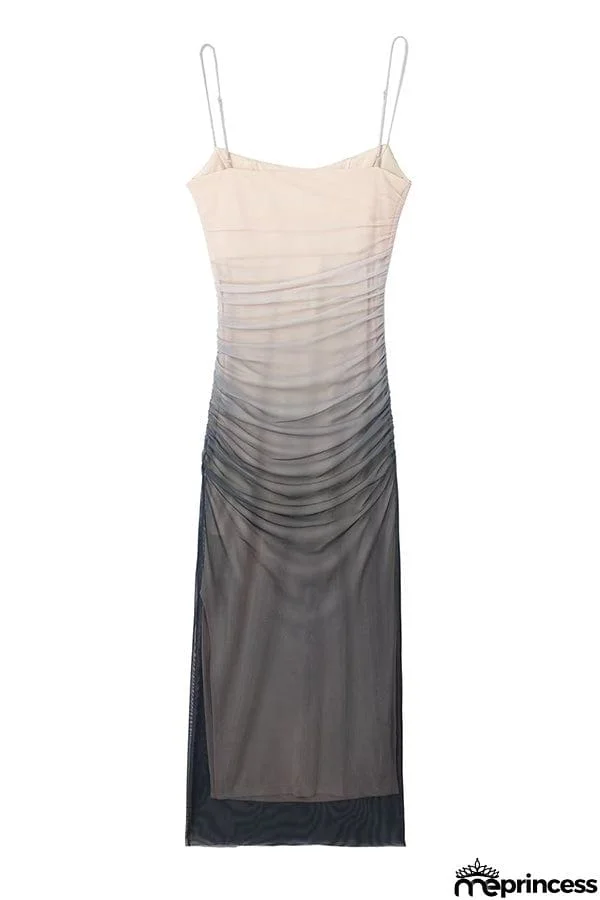 Timeless Sexy Mesh Gradient Ruched Cowl Neck Midi Dress