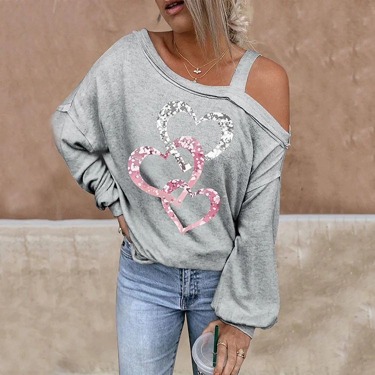 Vefave Love Cherry Blossom Asymmetric Off Shoulder Sweatshirt