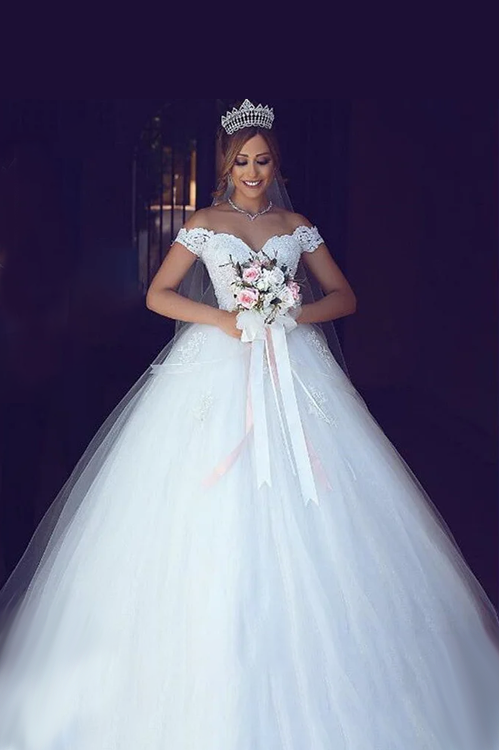 Lace Off Shoulder Wedding V-Neck Bridal Dress