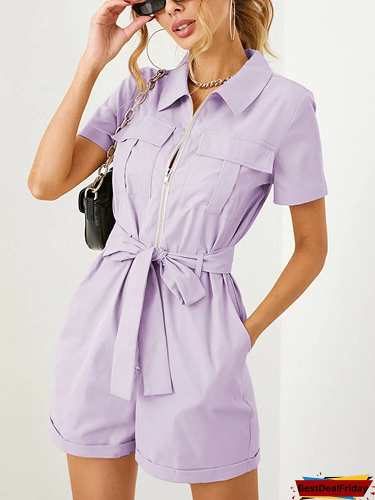 Solid Color Knotted Zip Front Lapel Collar Short Sleeve Romper With Pocket