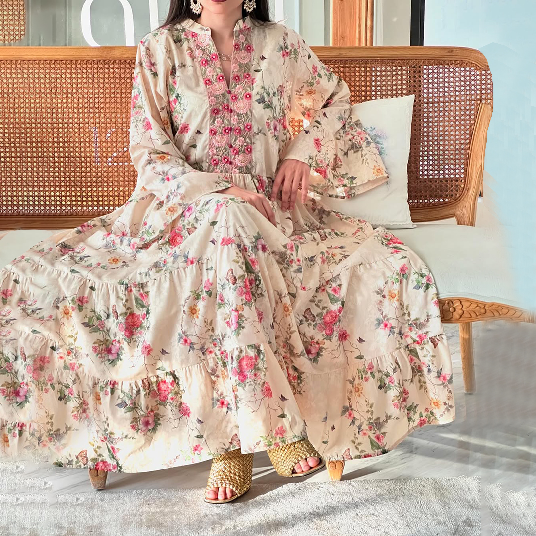 Women's Middle Eastern Romantic Mini Floral Print Jalabiyas Dress