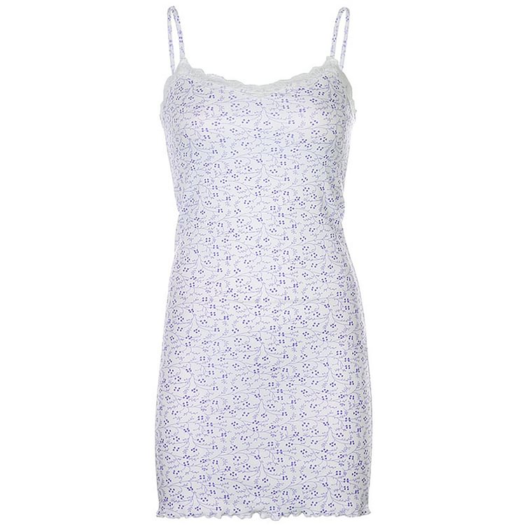 Y2k Sweet Kawaii Floral Dress Women Summer Sleeveless V-neck Lace Ribbed Knit Backless Sundress Lady Sexy Slim Clubwear