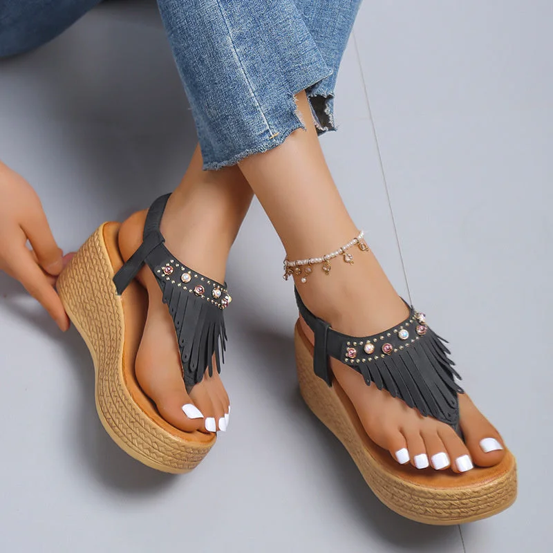 Women's Summer Tassel Wedge Flip Flops Thick Sole Beach Sandals