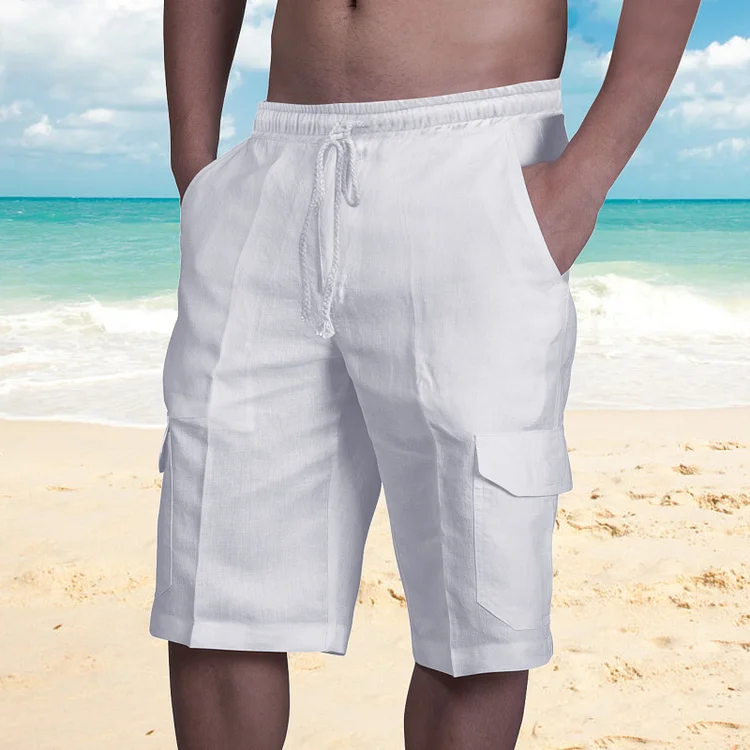 Men's Solid Drawstring Elastic Waist Multi-pocket Beach Shorts