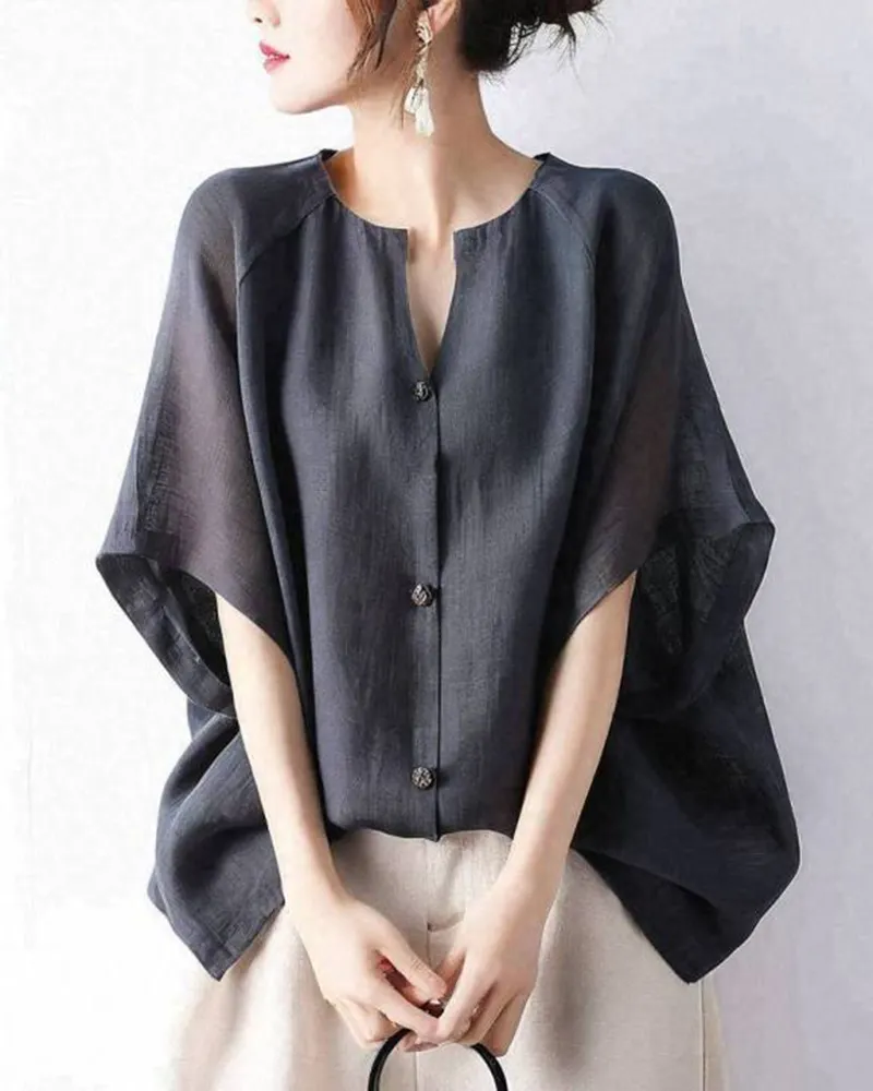 Batwing Sleeve V Neck Button Down Top