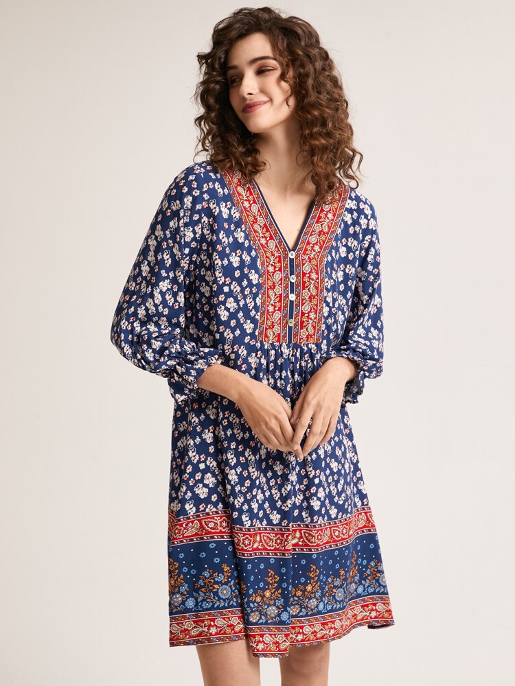 Bohemian Tribal Floral Button V-neck Long Sleeve Dress