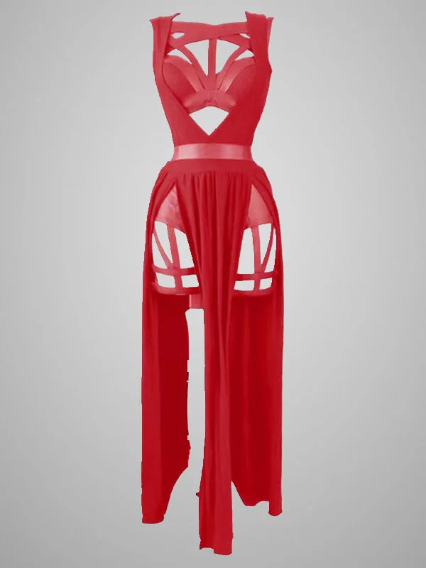 Sexy Girl Bandaged Cutout Solid Color High Split Red Mesh Sets