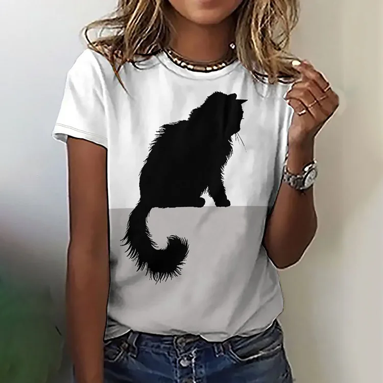 Vefave Cat Print Crew Neck Short Sleeve T-Shirt