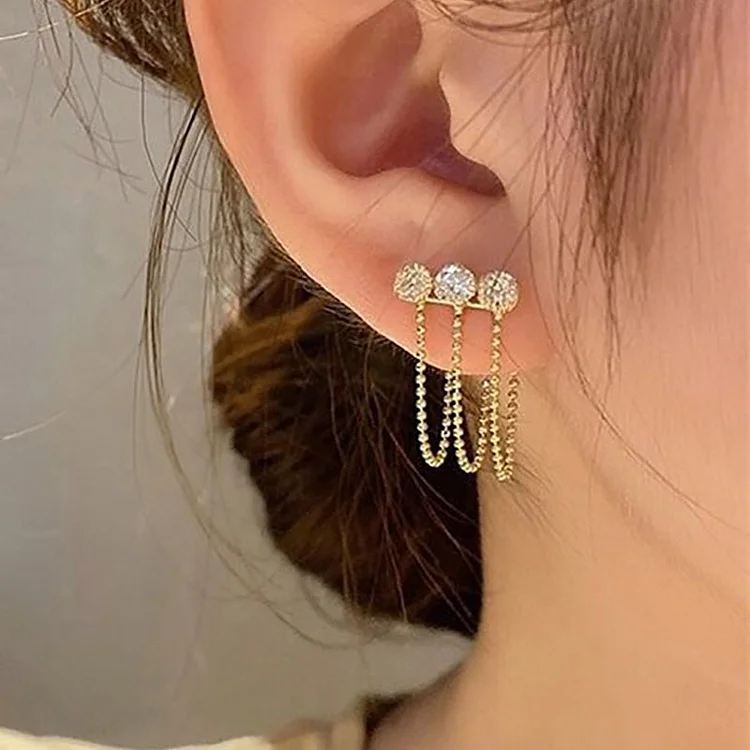 1Pair Tassel Design Rhinestone Decor Drop Earrings