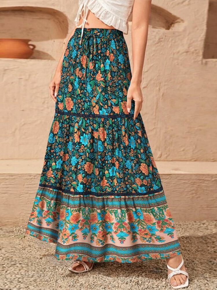 Bohemian Floral Print Drawstring Waist Stitch Women Skirt