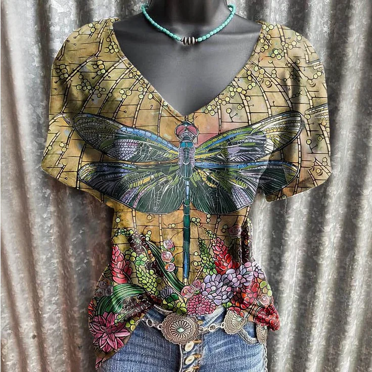 Vintage Dragonfly Print Short Sleeve T-Shirt