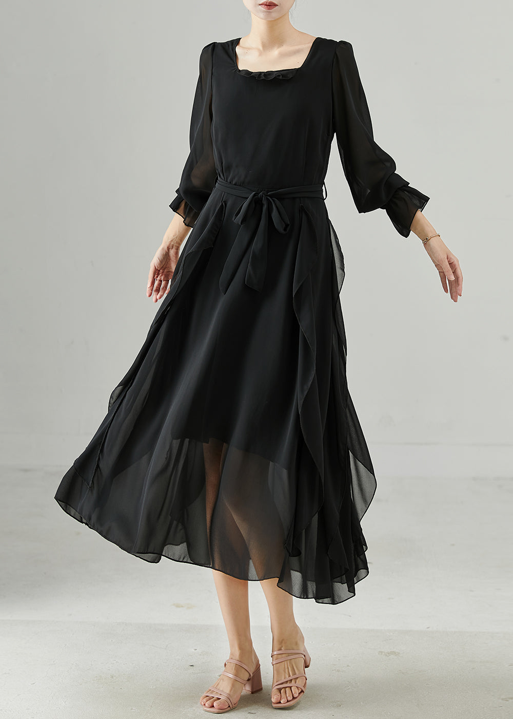 Chiffon dress with elastic lining, elastic waist, two ruffles at bottom