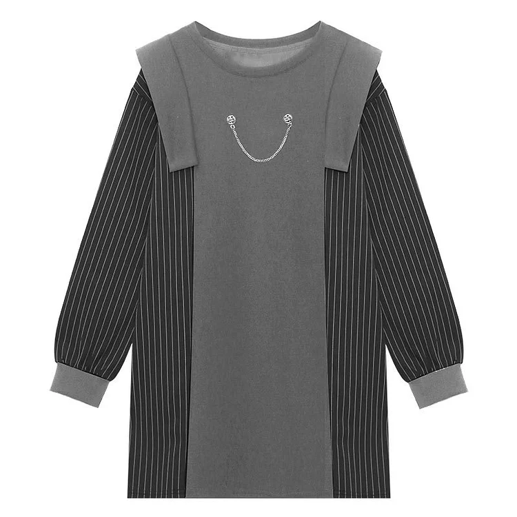 Loose Contrasting Color Stitching Chain Striped Dress