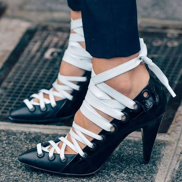 Black and White Heels Lace up Pointy Toe Cone Heel Pumps US Size 3-15 |FSJ Shoes