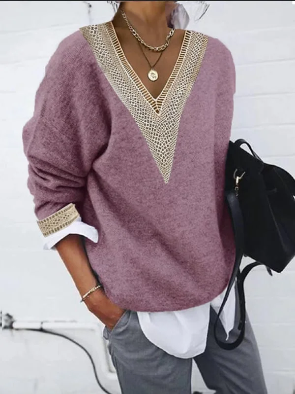 Women'S Autumn And Winter Long Sleeve Lace Collar Solid Color Knitwear.