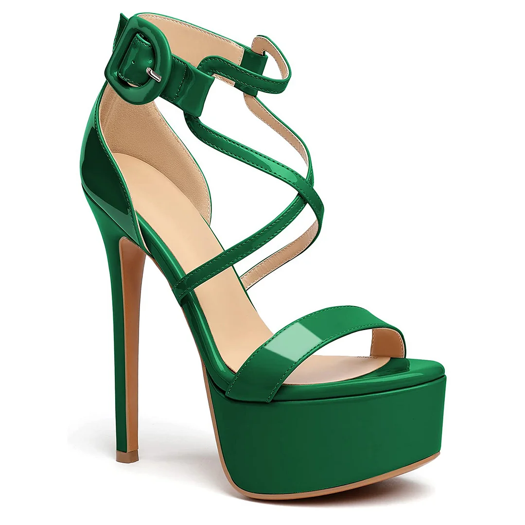 150mm Women's Open Toe Platform Sandals Ankle Strap High Heel Patent Summer Shoes-MERUMOTE