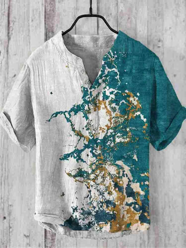 Comstylish Wave Art Pattern Linen V-Neck Shirt
