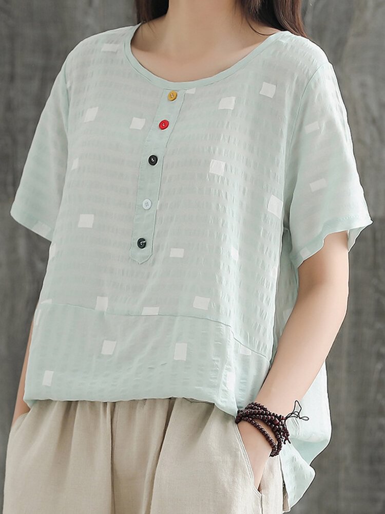 Women's Vintage Plaid T shirt Cotton And Linen Short sleeved T shirt P1670535