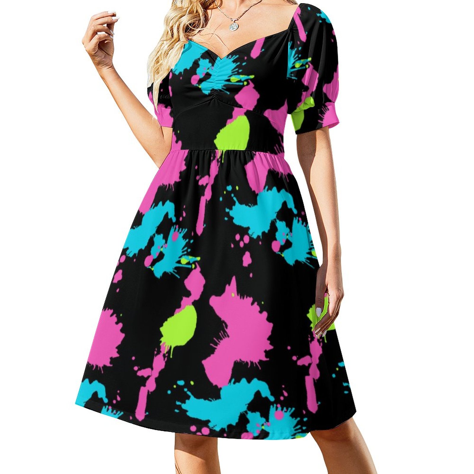SFNEEWHO Retro 80S Neon Paint Splatter Colorful Abstract Dress Women Boho  High Waist Flared Puff Sleeve Cute Sweetheart Midi Dress
