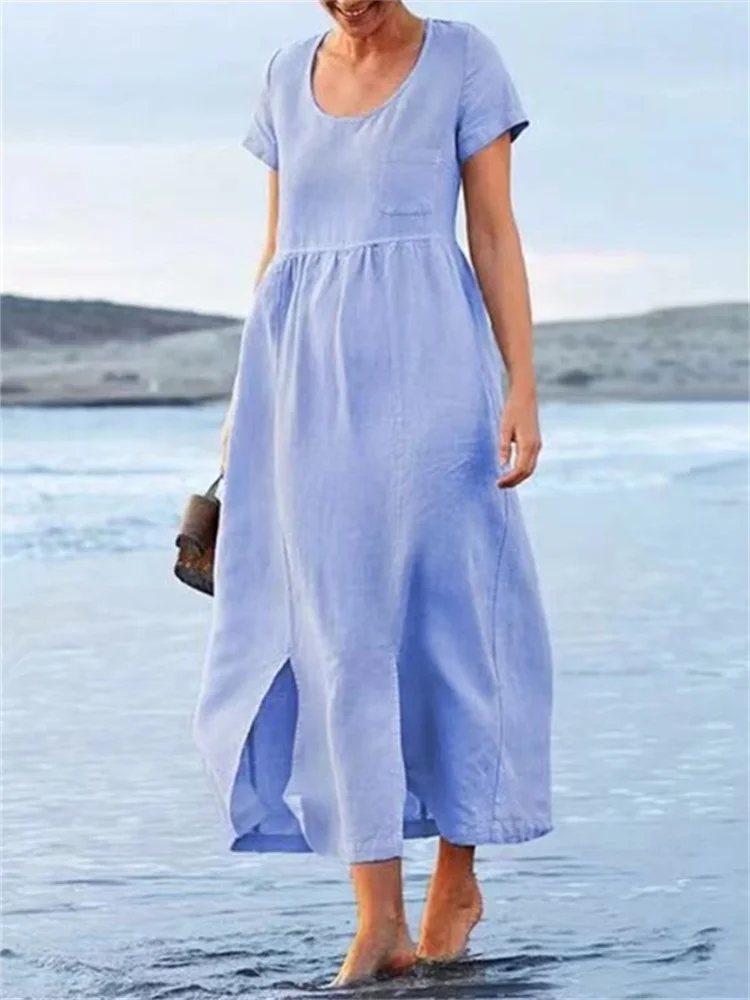 Slit Hem Pleated Flowy Maxi Dress