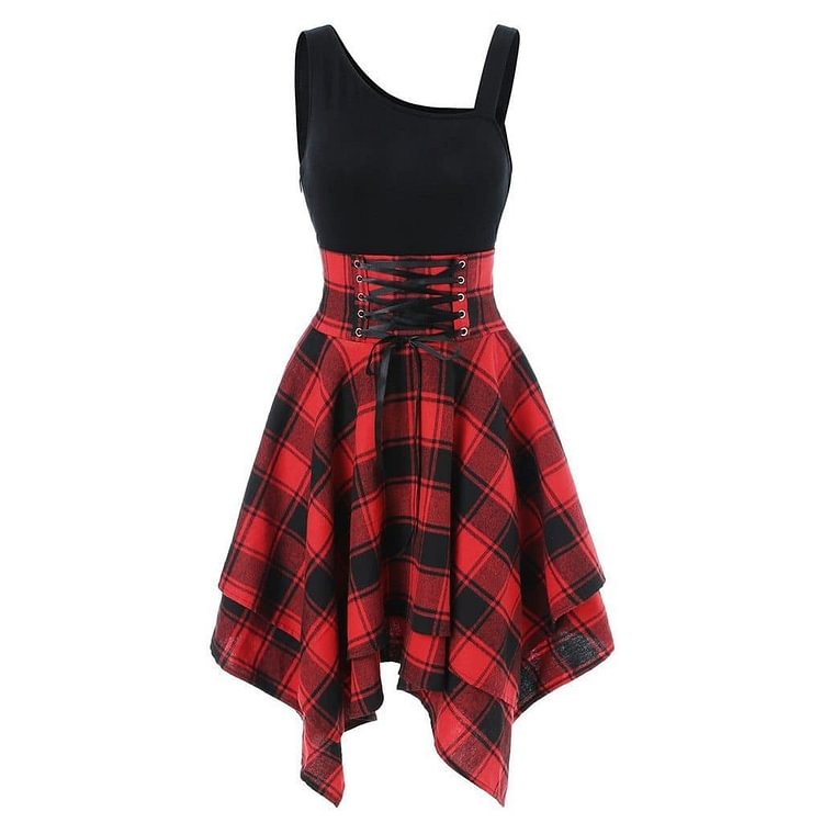 Gothic Lace Up Waist Plaid Irregular Dress SP13721