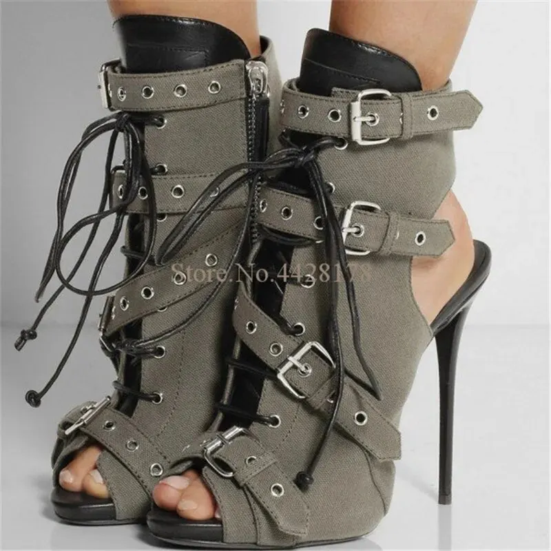 VCSHOES Army Green Cutouts Combat Ankle Boots For Womans Peep Toe Sandals Boots Strap High Heel Shoes Woman