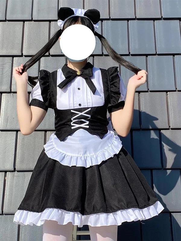 Lolita Bandaged Tiered Bubble Sleeve Ruffled Bowknot Mini Maid Dress