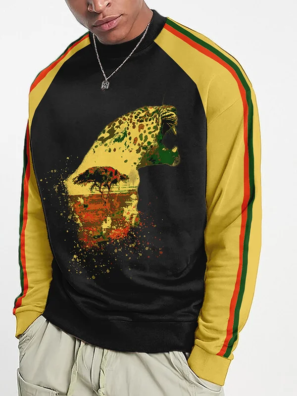 Men's African Leopard Print Contrast Trim Raglan Sleeve Sweatshirt