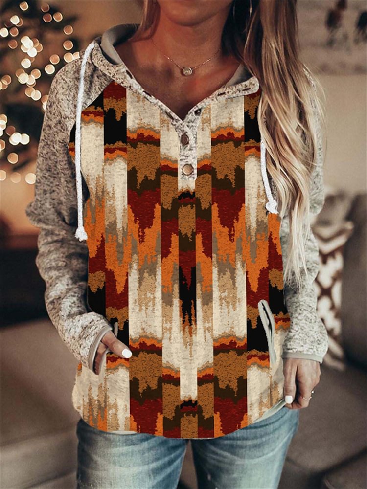Vefave Western Ethnic Patchwork Button Up Hoodie