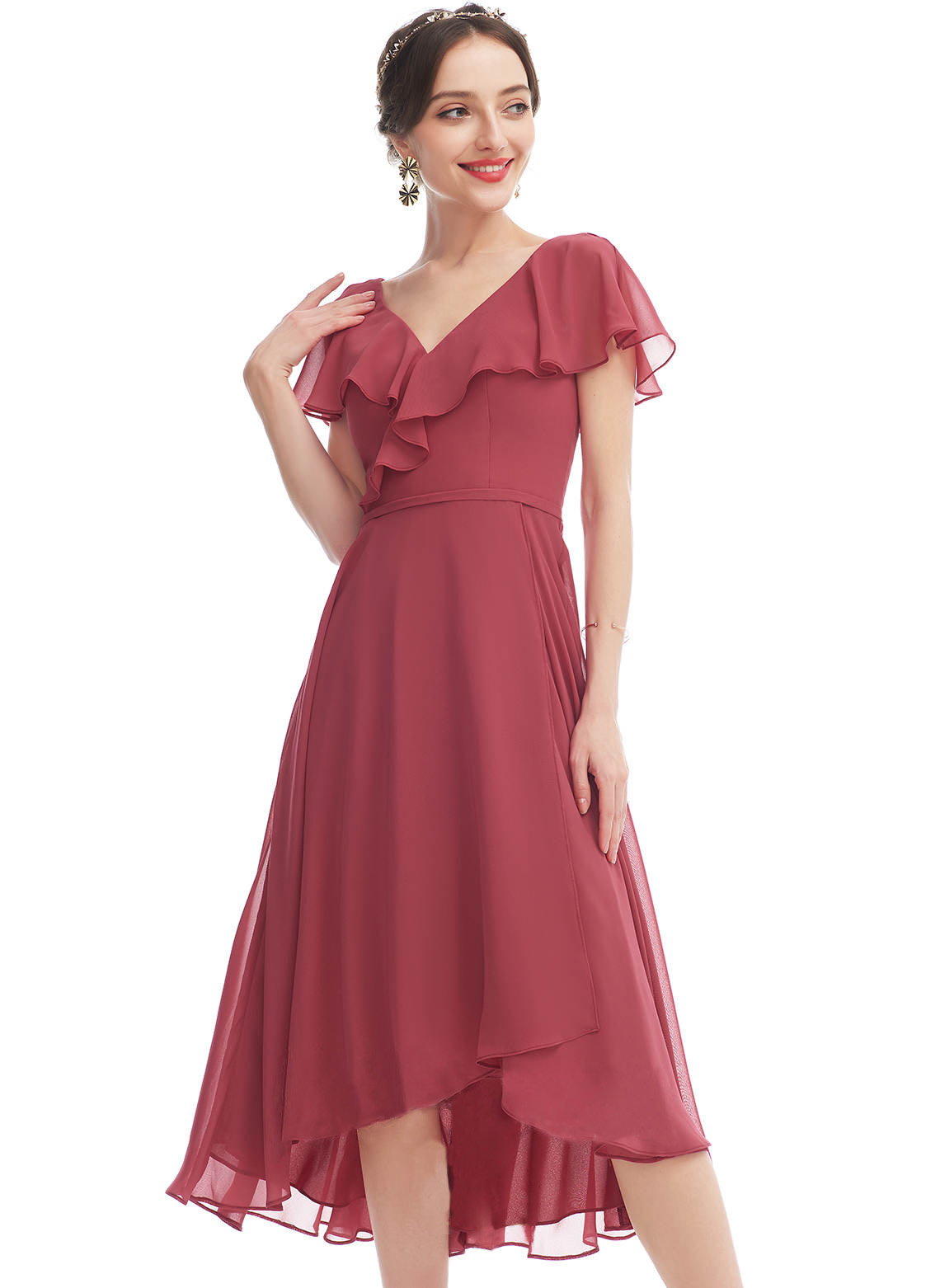 Lvs&Broner Simple Mulberry Chiffon V Neck Ruffled Short Sleeves Mid Bridesmaid Dress