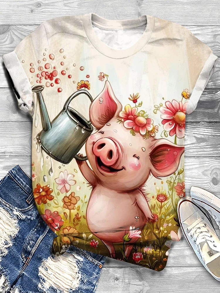 Floral Cute Pig Print Crew Neck T-shirt