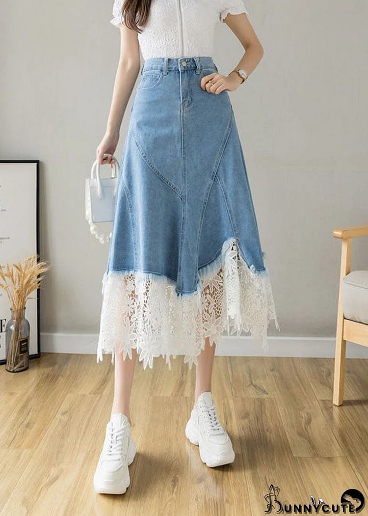 Fashion Light Blue Asymmetrical Design Lace Patchwork Denim Skirt Spring