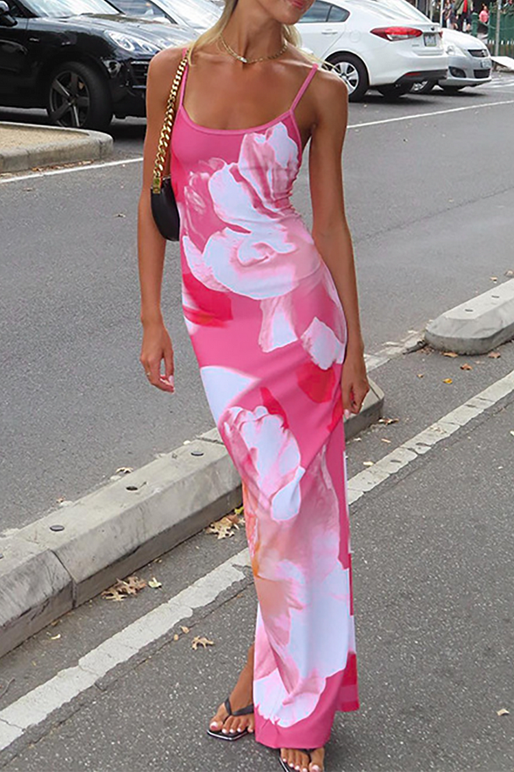 Floral Print U Neck Slim Fit Maxi Strappy Dresses-Pink
