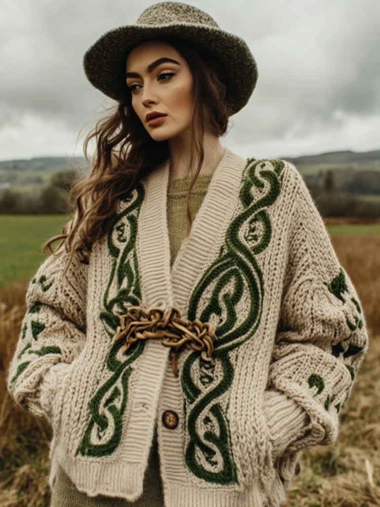Women's Retro Irish Celtic Knot Cozy Knit Cardigan