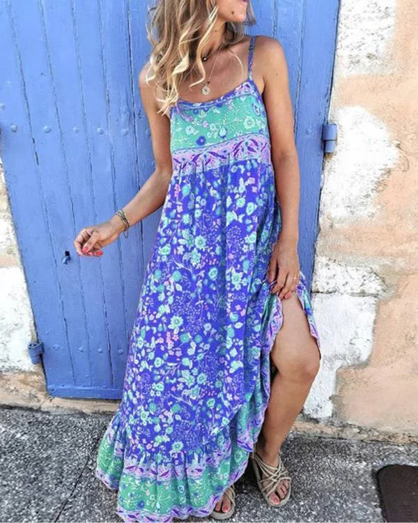 bohemian floral print sling paneled frill maxi dress p117469