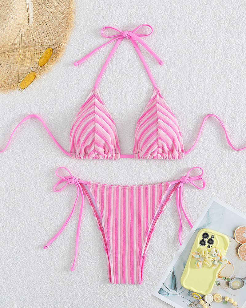 Hanging Neck Lace Up Striped Bikini