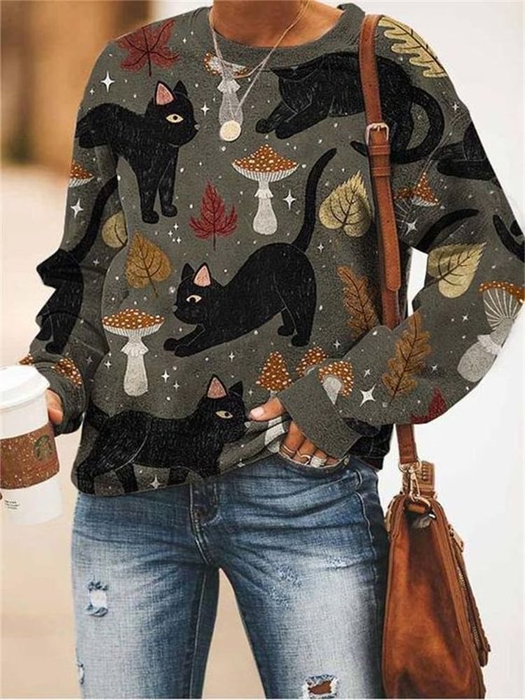 Mystical Black Cats & Mushroom Fall Inspired Sweatshirt