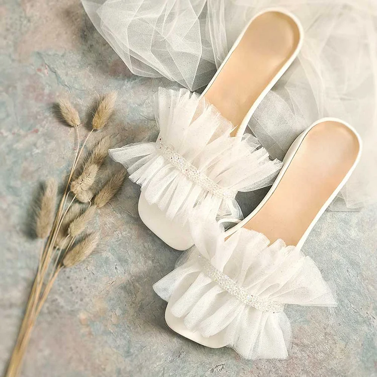 White Rhinestone Ruffles Square Toe Chunky Heel Wedding Sandals |FSJ Shoes