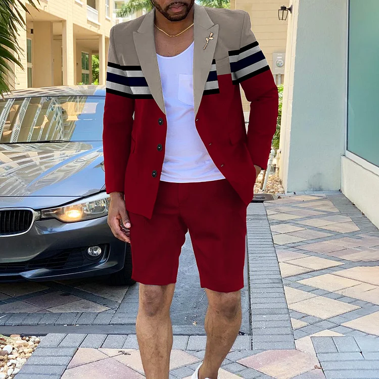 BrosWear Contrasting Color Striped Red Blazer And Shorts Co-Ord