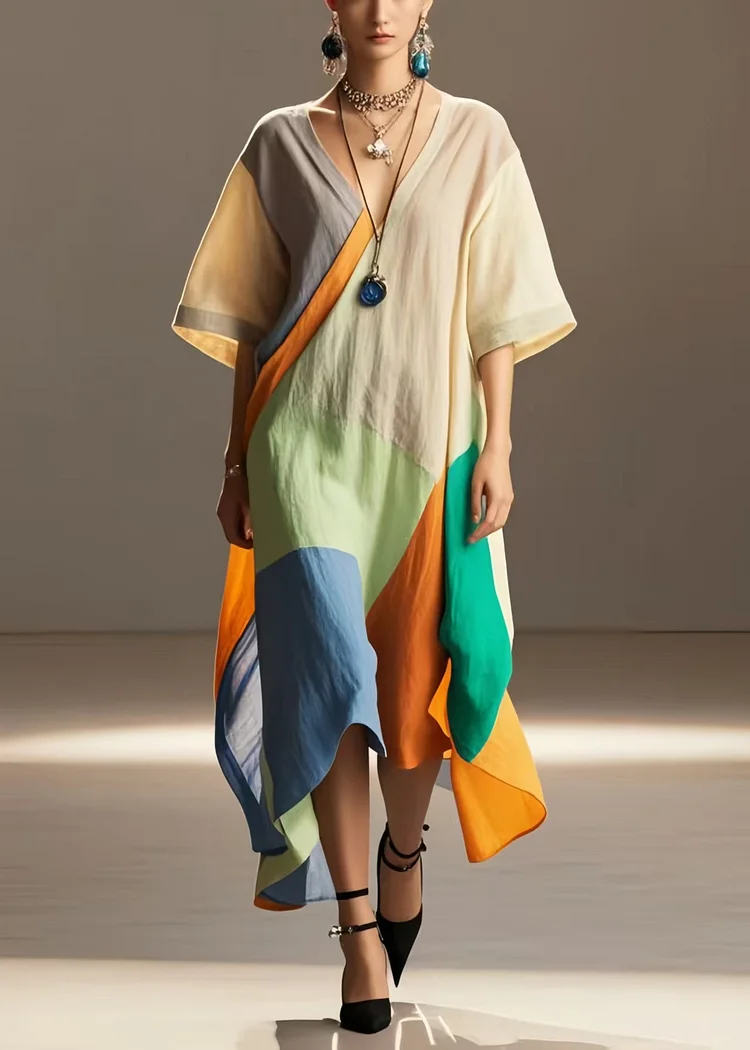 Art Colorblock Oversized Asymmetrical Design Cotton Long Dress Summer