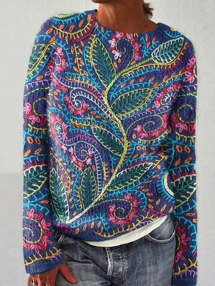 Bohemian National Style Crew Neck Flower Embroidery Thread Loose Sweater Coat