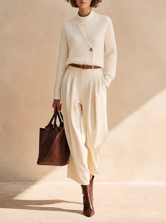 Women's Elegant Ribbed-Knit Mock-Neck Button-Detail Long-Sleeve Sweater MD