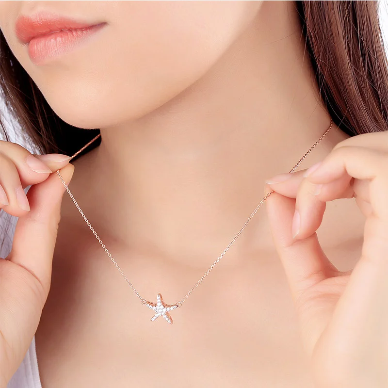 MeWaii® Sterling Silver Necklace Starfish Shape White Zirconia Necklace Pendant Silver Jewelry S925 Sterling Silver Clavicle Necklace