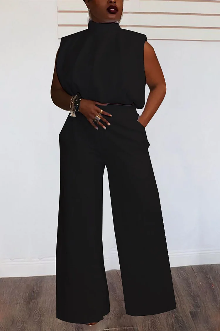 Stand Collar Sleeveless Top Wide Flared Leg Pants Two-Piece Set